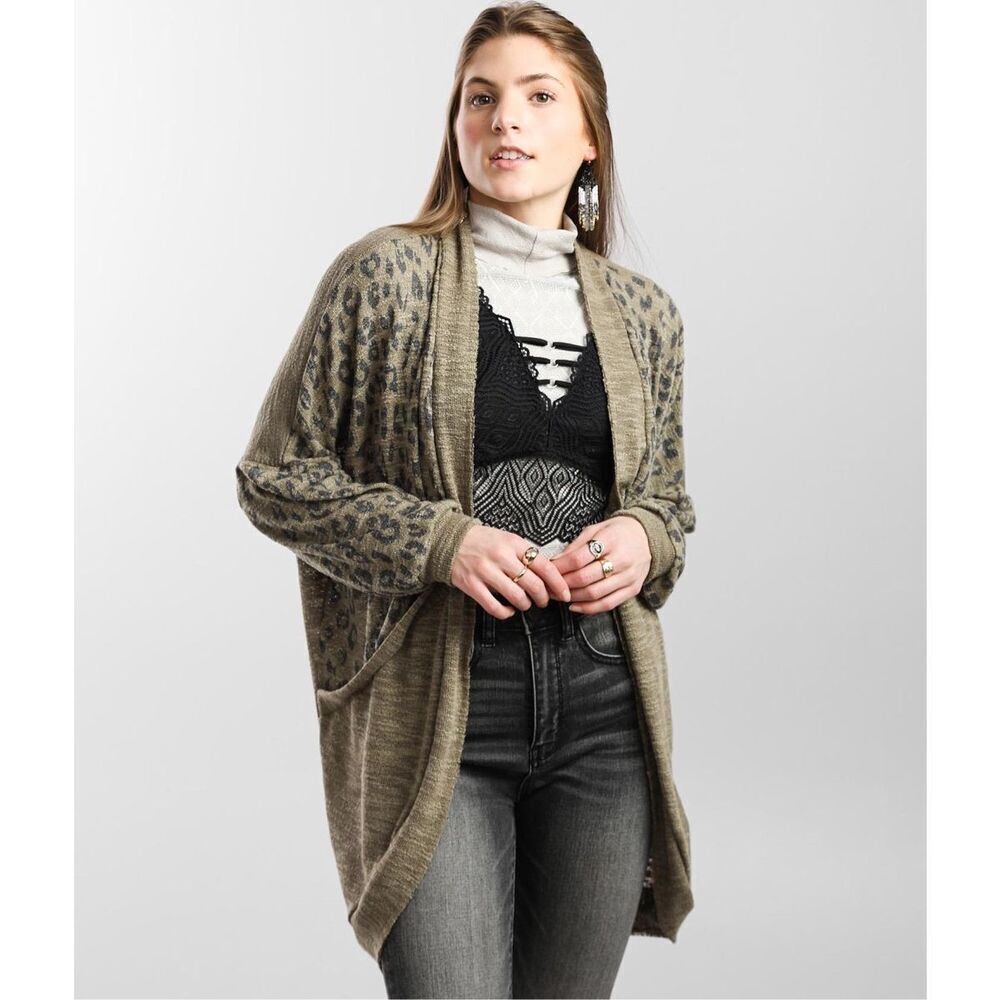 Daytrip Olive Black Lightweight Animal Print Cardigan XS